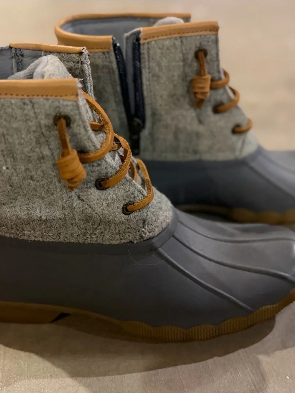 Sperry Gray Wool-Top Duck Boots with Tan Leather Accents